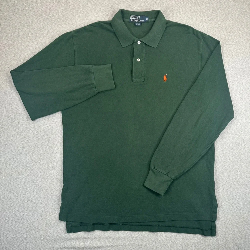 Ralph Lauren Long Sleeve Polo Shirt Mens M Green Orange Pony Cotton Preppy
